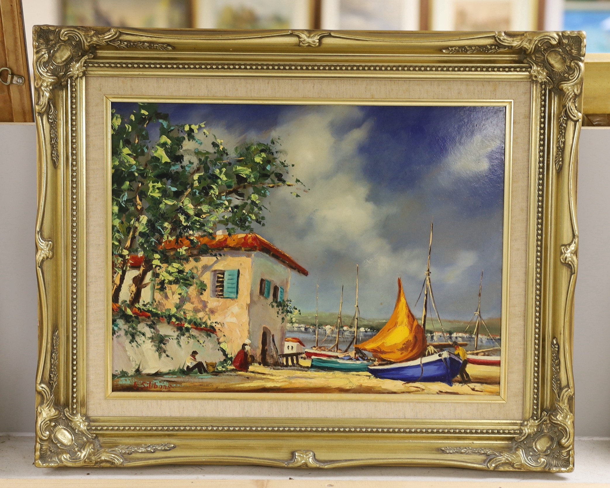 Gudrun Sibbons (b.1925), oil on board, Mediterranean coastal scene, signed, 30 x 40cm